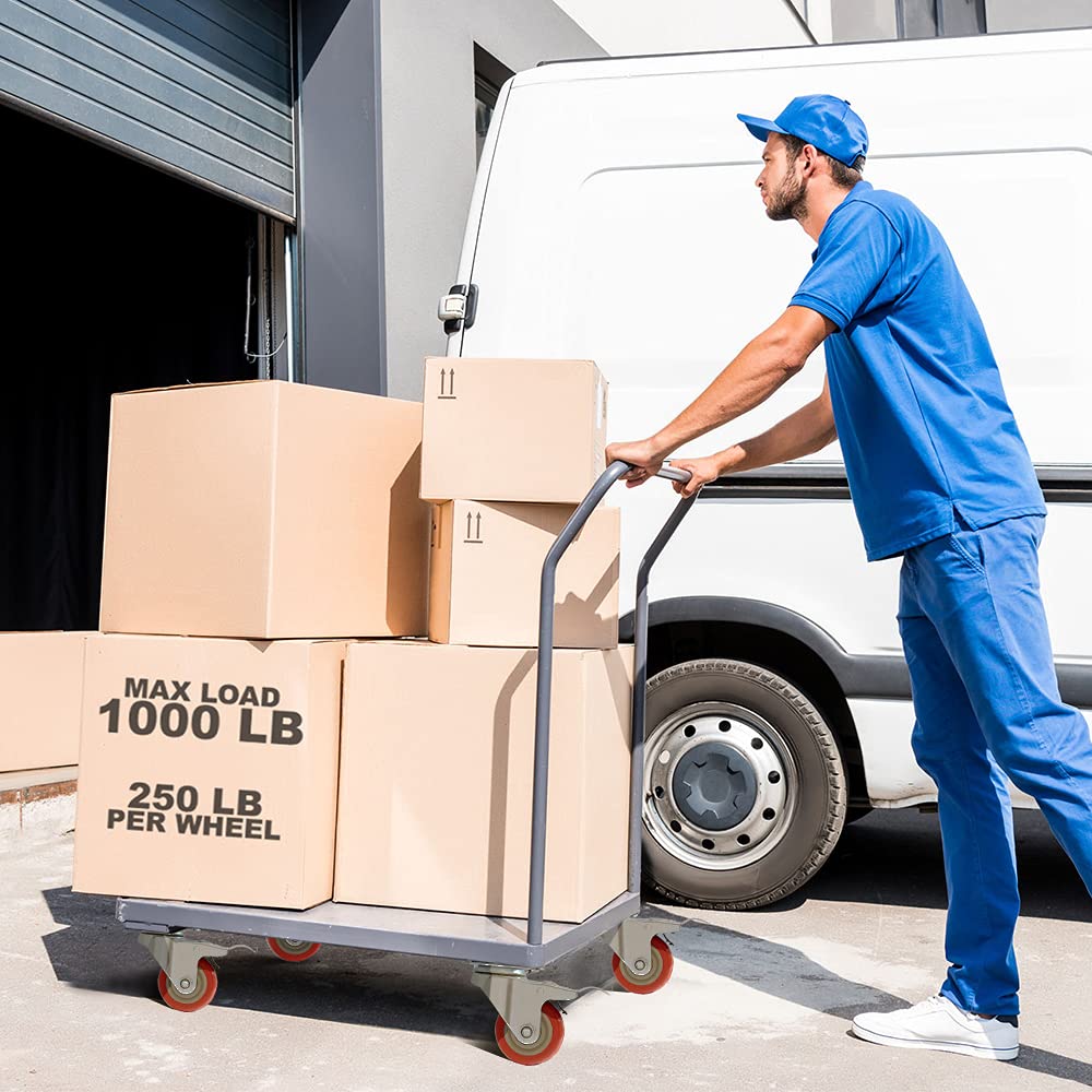 8 Pack 3 Inch Combo Caster Swivel Plate 4 w/Brake & 4 Plate Heavy Duty on Red PU Wheels with Heavy Duty Screws FactorDuty