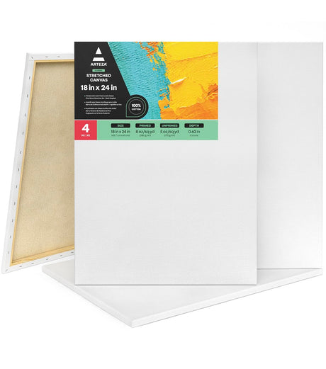 ARTEZA Stretched Canvas, 18 x 24 Inches, Pack of 4, Blank White Large Canvas for Painting for Acrylic, Oil and Gouache Paints ARTEZA