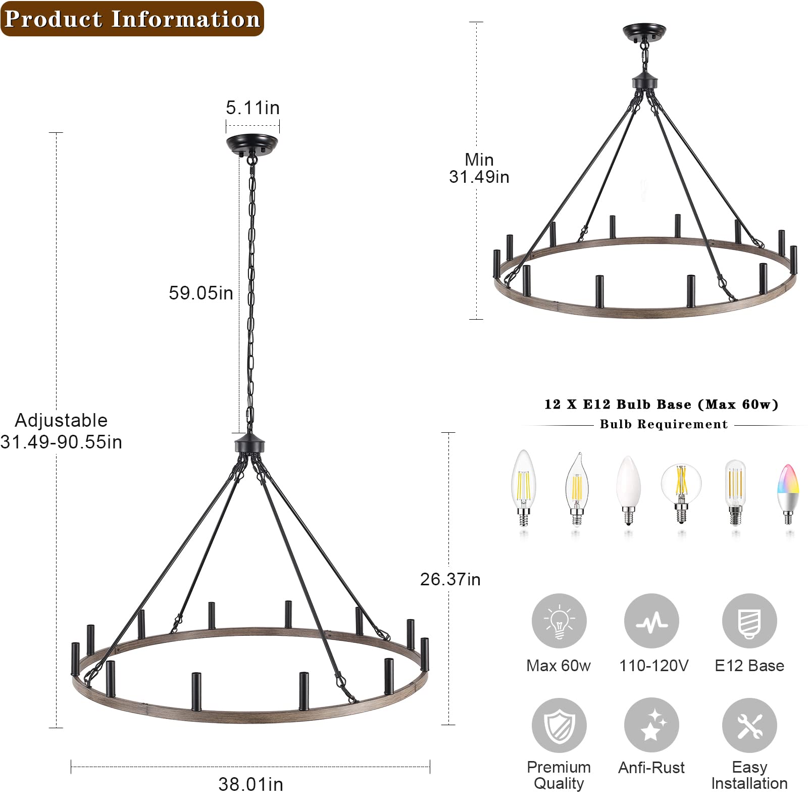 12 Light Farmhouse Chandelier for Dining Room 38 Inches Wagon Wheel Chandelier Rustic Large Chandeliers for High Ceiling Light Fixture Outdoor Chandelier for Living Room Entryway Foyer Gazebo - WoodArtSupply