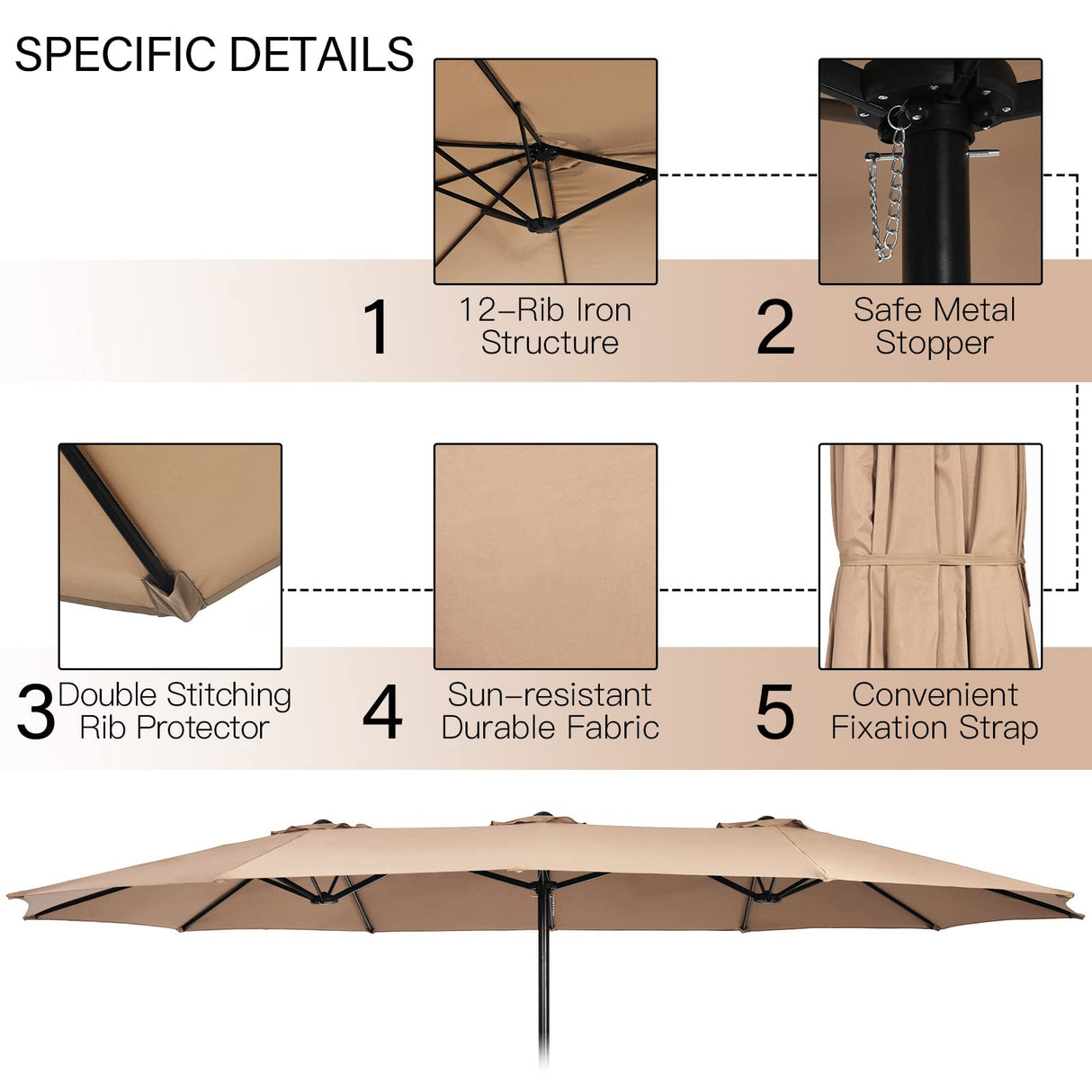 Tangkula 15FT Double-Sided Patio Umbrella with Base, Extra-Large Market Umbrella W/Crank System, Outdoor Twin Umbrella W/ 12-Rib Metal Structure & Air Vents for Garden, Backyard, Poolside (Brown) Tangkula