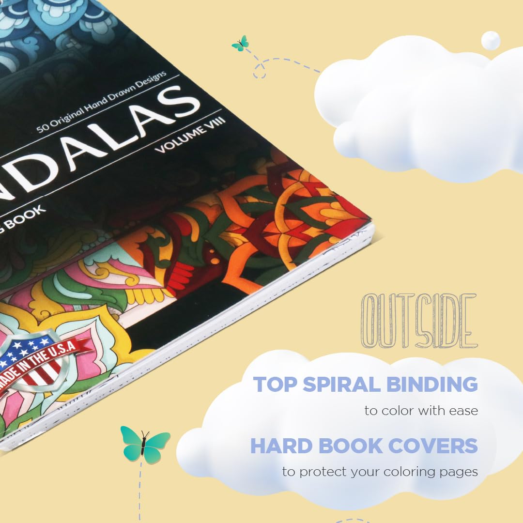 ColorIt Mandalas to Color, Volume VIII Adult Coloring Book 50 Floral and Geometric Mandala Patterns and Designs, Spiral Binding, USA Printed, Lay Flat Hardback Book Cover, Ink Blotter ColorIt