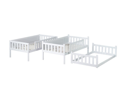 VilroCaz Modern Twin Over Twin Over Twin Triple Bunk Bed, Rubber Wood Detachable Triple Twin Bunk Bed Frame, 3-in-1 Bunk Beds with Ladder and Guardrails for Kids Teens, Maximize Space (White-ON)