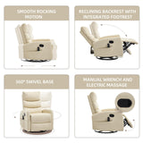 PELUMY Manual Recliner Chair with Heat & Vibration Massage, 360° Swivel Rocker Recliner with 155° Recline and Lumbar Heat, Compact Recliner for Living Room & Small Spaces (Breathable Leather, Beige) PELUMY