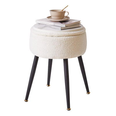 Aibiju White Ottoman with Storage Faux Teddy Fur, Round Storage Ottoman for Vanity, 13" D x 18" H Foot Stools Ottoman with 4 Metal Legs, Mushroom Stool for Makeup Living Room Warm White YD-RMS137W