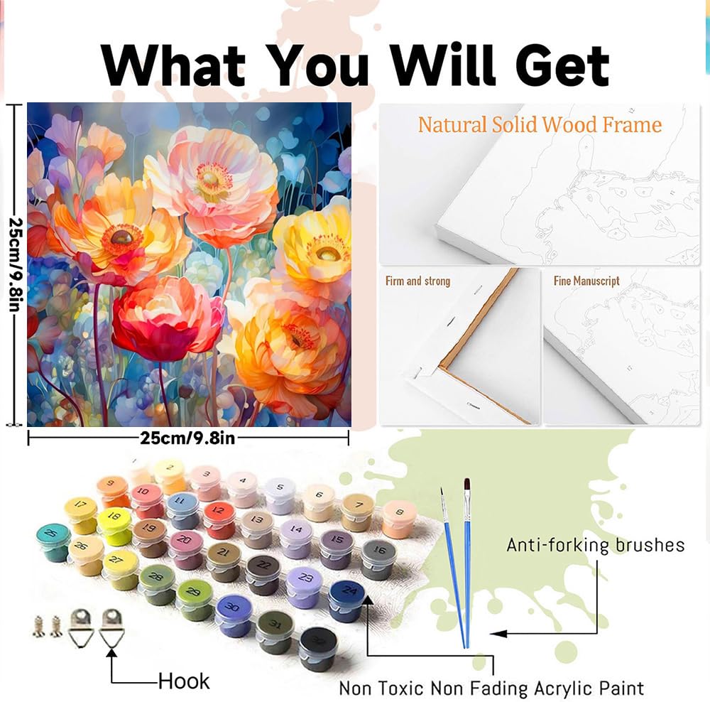 WEMEON Framed Paint by Number Kit for Adults-Easy Paint by Numbers Kit for Adults Beginner, Simple Paint by Numbers Flower for Gift Home Wall Decor (10x10Inch) WEMEON