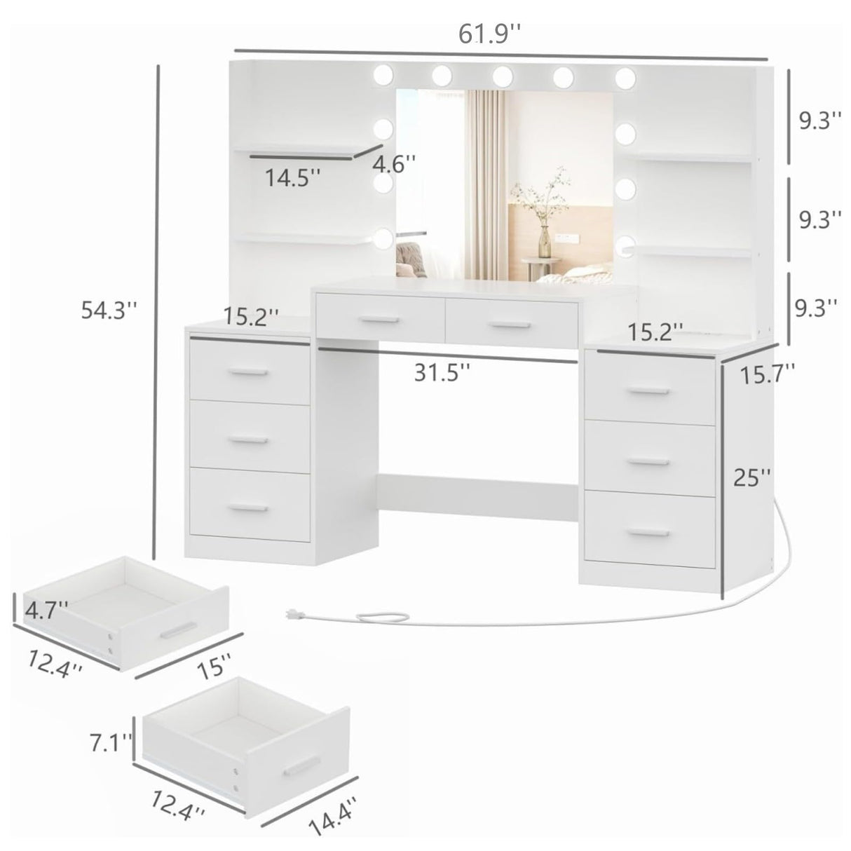Irontar Makeup Vanity Table with Mirror & Lights, Vanity Desk with Power Strip, Large Drawer & Six Open Storage Dresser, 3 Lighting Modes Adjustable Brightness, Dressing Table, White WDT006W Irontar