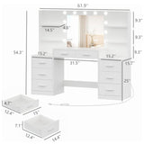 Irontar Makeup Vanity Table with Mirror & Lights, Vanity Desk with Power Strip, Large Drawer & Six Open Storage Dresser, 3 Lighting Modes Adjustable Brightness, Dressing Table, White WDT006W Irontar
