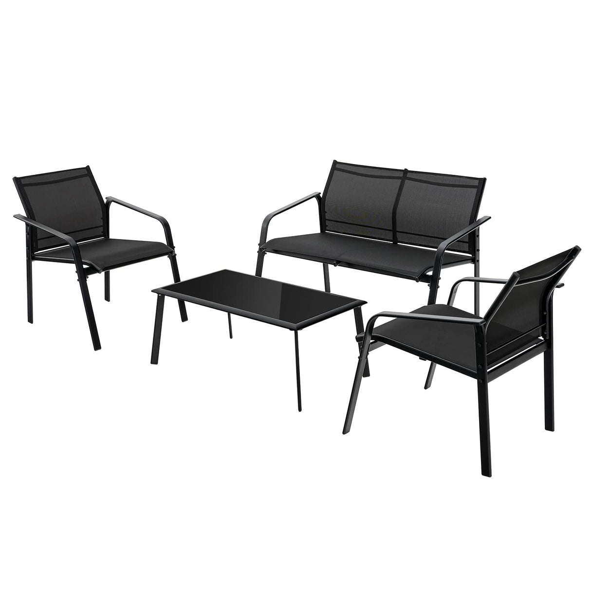 Tangkula 4 Pieces Patio Furniture Set, Outdoor Conversation Set with Tempered Glass Coffee Table, Outdoor Bistro Set with Fabric and Anti-Rust Steel Frame for Garden, Poolside and Backyard (Black) Tangkula
