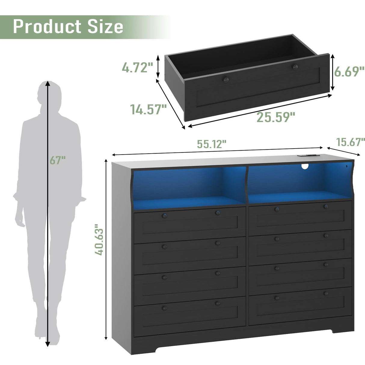 Black Dresser for Bedroom with 8 Drawers, 55 Inch Tall Wood Bedroom Dresser with Charging Station & LED Lights, Large Modern Dressers & Chest of Drawers for Bedrooms, Living Room, Hallway, Entryway Patikuin