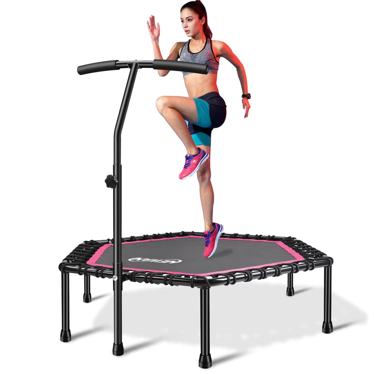 Newan 48'' Fitness Trampoline with Adjustable Handle Bar, Silent Trampoline Bungee Rebounder Jumping Cardio Trainer Workout for Adults - Max Limit 330 lbs NEWAN
