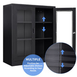 Yizosh Metal Storage Cabinet with Glass Doors - 35.4" Locking Display Cabinet with 2 Adjustable Shelves, 3-Tier Steel Cabinet Locker for Home Office, Living Room, Bedroom (Black) Yizosh