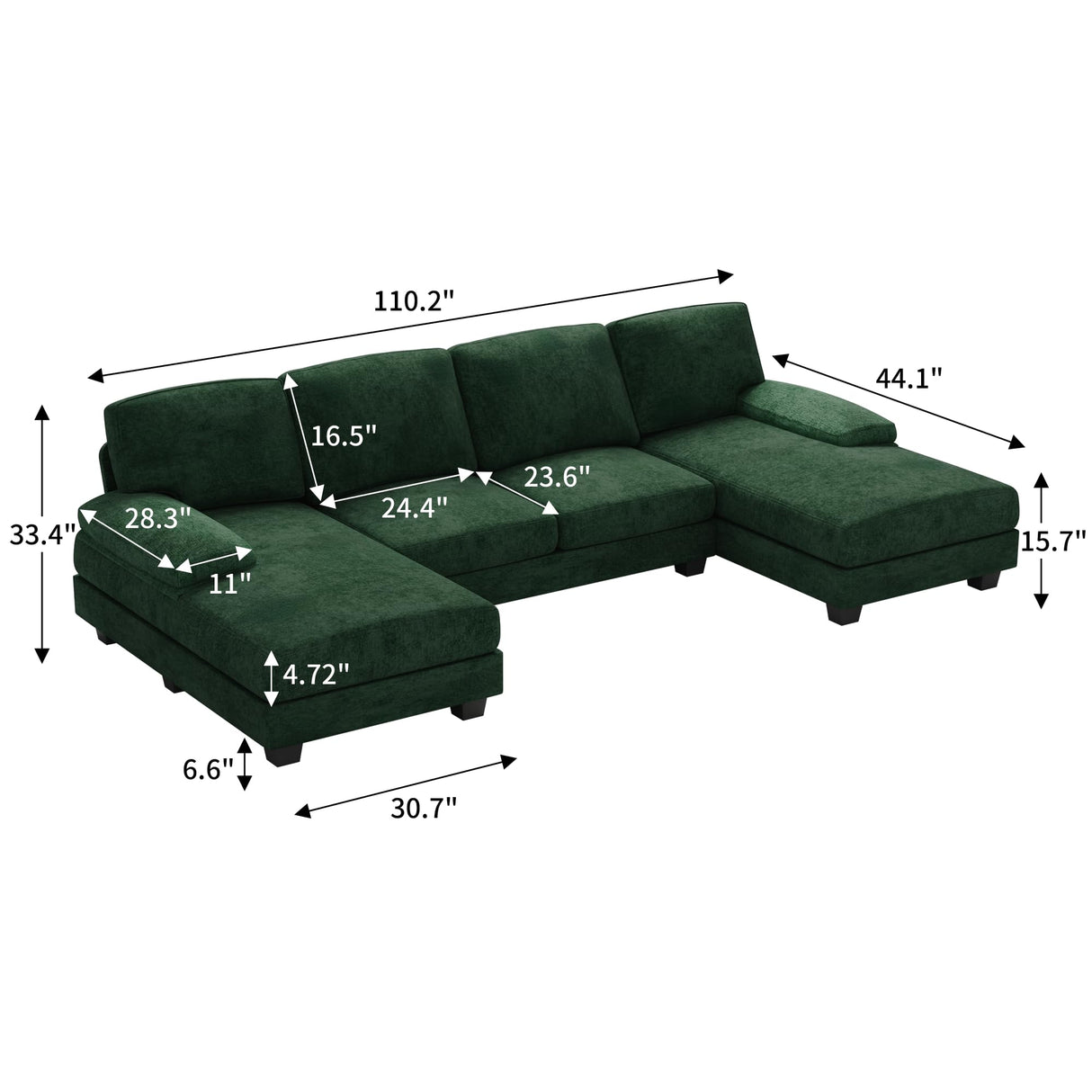 Furniwell Convertible Sectional Sofa Couch, 4 Seat Sofa Set for Living Room U-Shaped Modern Fabric Modular Sofa Sleeper with Double Chaise & Memory Foam (Fabric, Dark Green) Furniwell