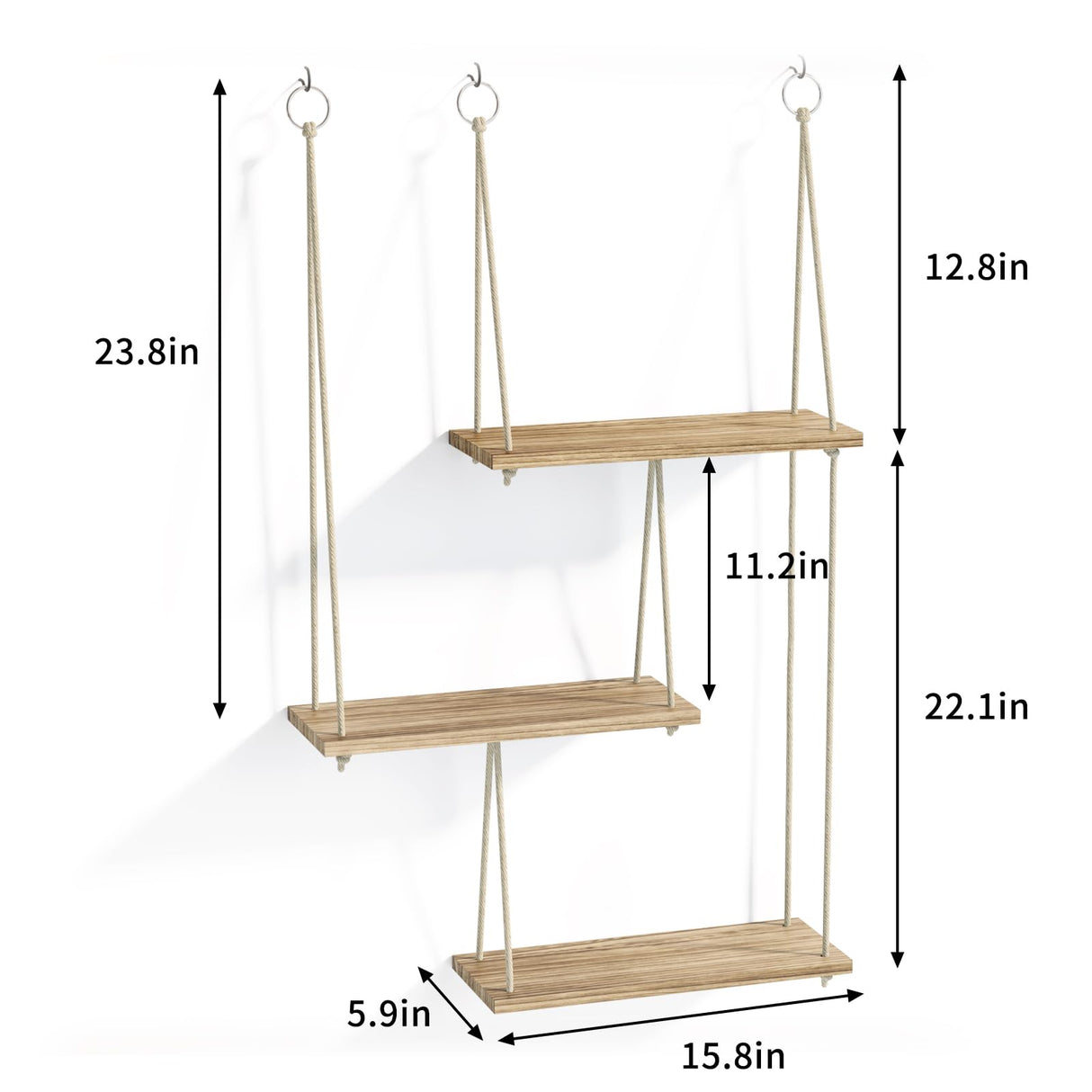 Fixwal Hanging Shelves for Wall, 3 Tier Boho Wall Decor Plant Rack Floating Shelves Rope Rustic Wood Organizer Storage Hanger for Aesthetic Home Bedroom Kitchen Bathroom- Rustic Brown Fixwal