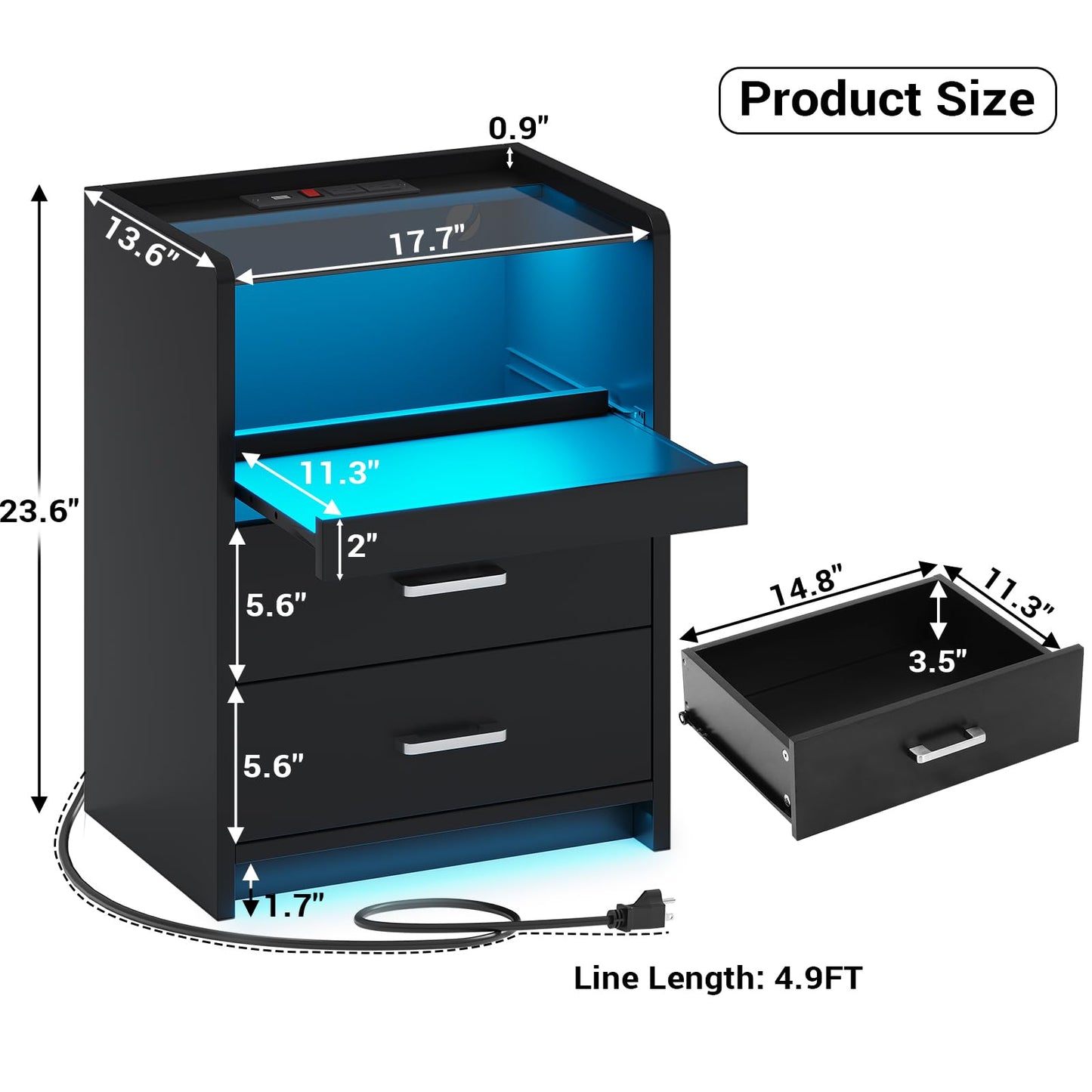 AOGLLATI LED Nightstand with Charging Station, Night Stand with Pull-Out Tray, 2 Drawers, Bedside Table with LED Lights, Modern End Table with USB Ports Outlets, Black - WoodArtSupply