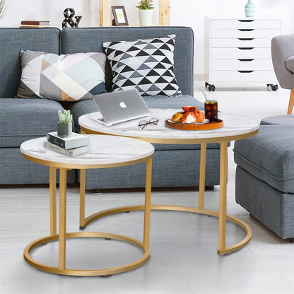 aboxoo Coffee Table Nesting White Set of 2 Side Set Golden Frame Circular Round and Marble Pattern Wooden Tables, Living Room Bedroom Apartment Modern Industrial Simple Nightstand