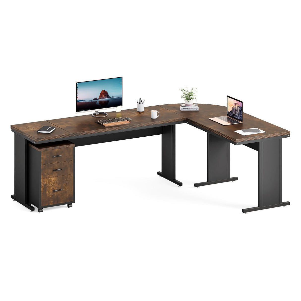 LITTLE TREE 83 Inch L-Shaped Office Desk with Drawers, Large Executive Office Desk with Storage, Wooden Computer Desk with File Cabinet, Modern Work Desk for Home Office, Brown LITTLE TREE