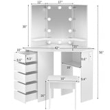 VOWNER Vanity with Lights - Makeup Vanity Desk with Power Outlet, 3 Color Lighting Options Brightness Adjustable, Vanity Table with 5 Sliding Drawers, Shelves and Stool for Bedroom, White VOWNER