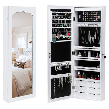 Full Length Mirror Jewelry Cabinet - 4-Layer Shelf Wall Mounted Jewelry Organizer with 8 LED Lights - Jewelry Armoire with Mirror And 6 Drawers - Wall and Door Hanging Jewelry Organizer - Whi - WoodArtSupply