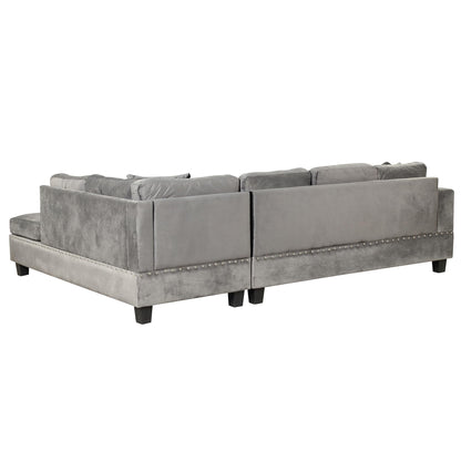 P PURLOVE Sectional Sofa Couch with Reversible Chaise and Ottoman, Polyester L-Shape Couch with 2 Pillows and Cup Holder, Sectional Sofas for Living Room (Gray)