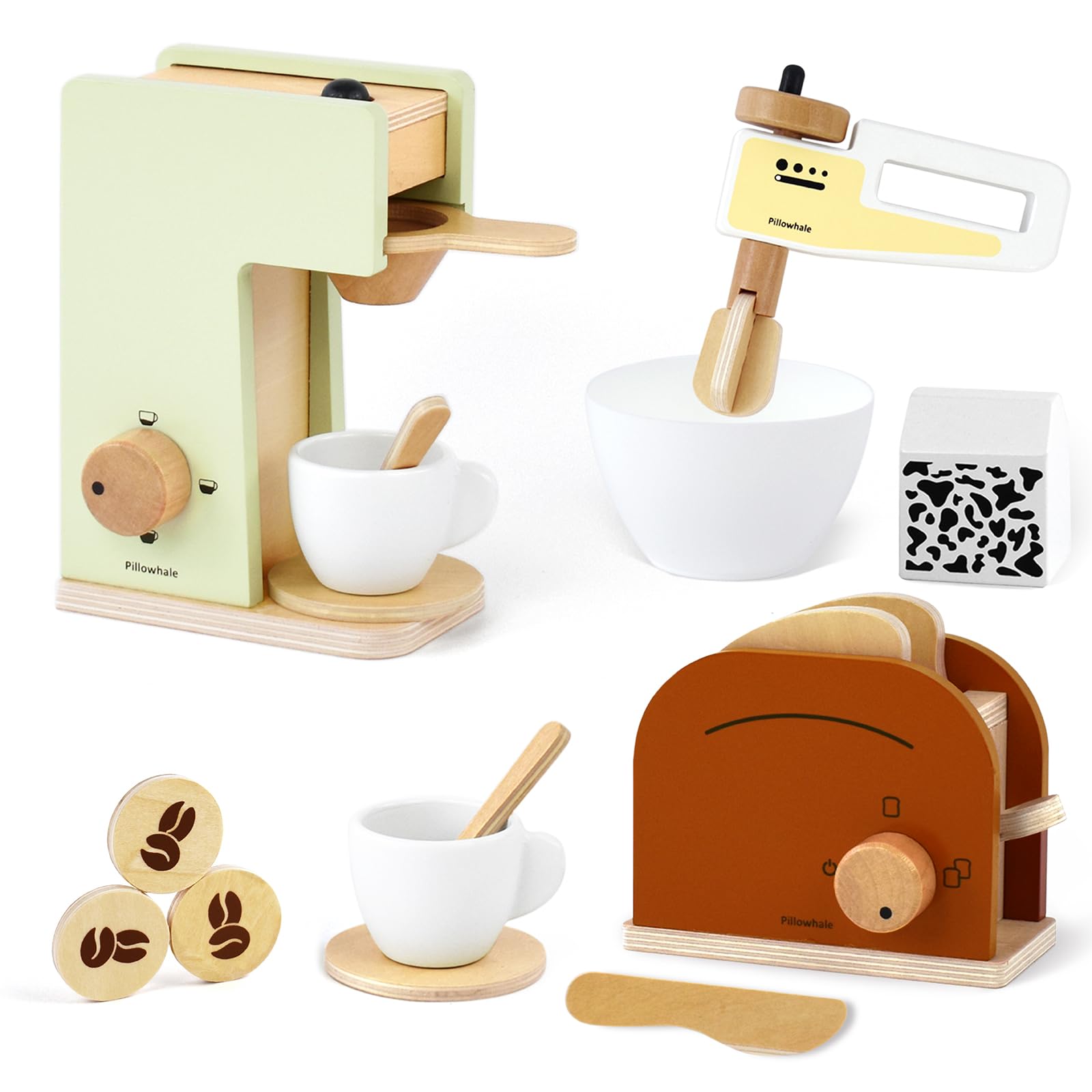 Pillowhale Kids Coffee Maker Playset,Wooden Toy Toaster,Toy Mixer,3-in-1 Kids Kitchen Playset,Pretend Play Kitchen Accessories,Wooden Kitchen Sets for Kids Toddlers Boys Girls Ages 3+ - WoodArtSupply