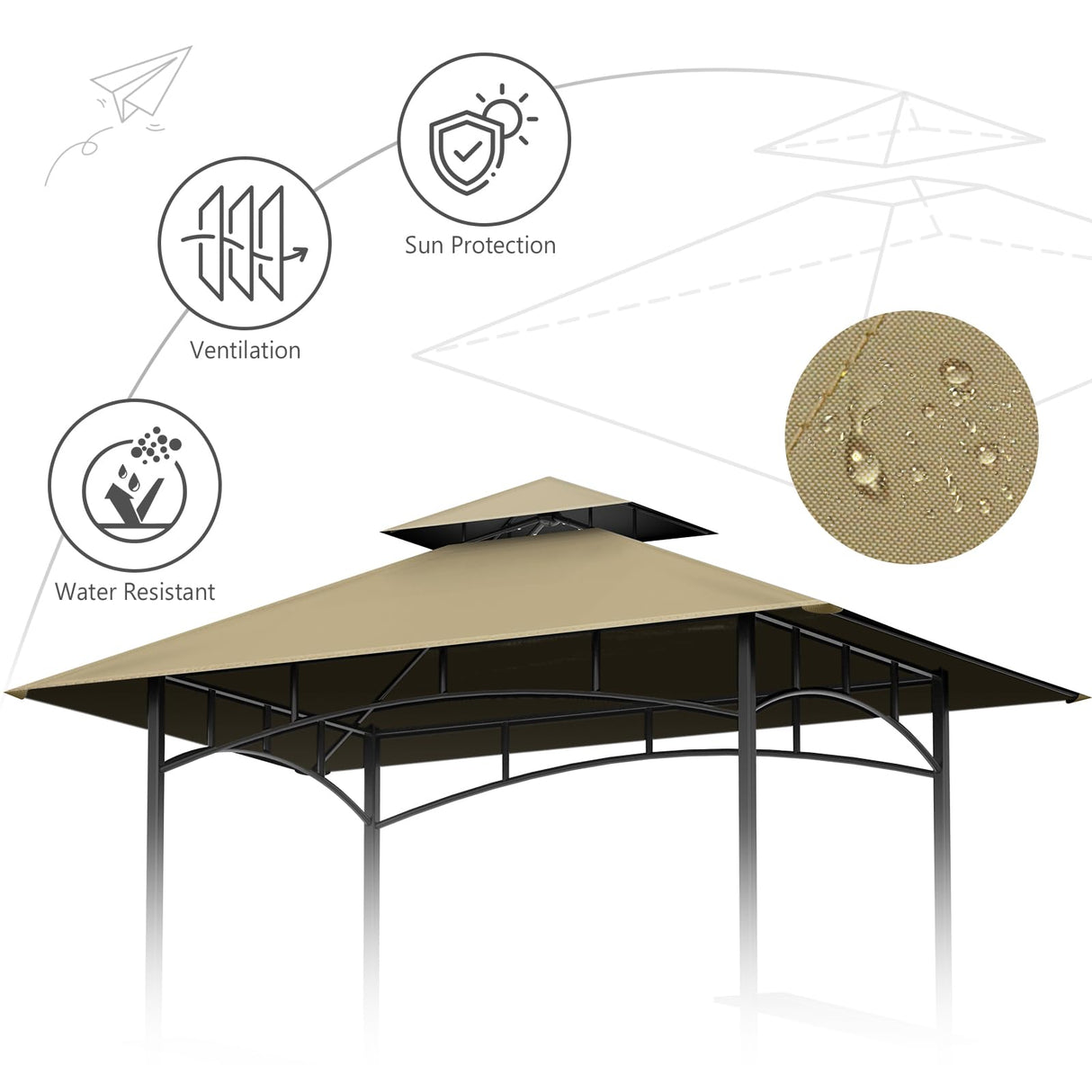 Grill Gazebo Replacement Canopy Top Only - 5' x 8' Outdoor BBQ Gazebo Canopy Roof, Waterproof Double Tiered Shelter Cover Fit for Model L-GG001PST-F (Khaki) Iheqard