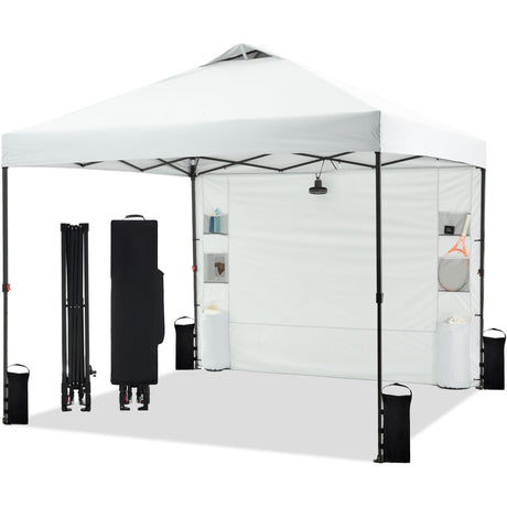 Tunbne 10'x10' Pop Up Canopy Tent with Sidewall and 6 Pockets, Patented One Push, Instant Shade Canopy with Vented Roof for Patio Outdoor, Case, 8 Stakes, 4 Ropes, 4 Sandbags (White) Tunbne