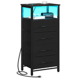 Yoobure Night Stand - Small Dresser for Bedroom, LED Black Nightstand with Charging Station, Bedside Table with 4 Fabric Drawers and Open Shelf, Vertical Dressers with USB Ports and Outlets Yoobure
