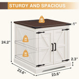 Barnyatoh Farmhouse End Table with Charging Station,24" Large Side Table with Barn Door, Rustic Wood Square Nightstand Bedside Table with Adjustable Shelf for Living Room, Bedroom,Antique White 2-Pack Barnyatoh