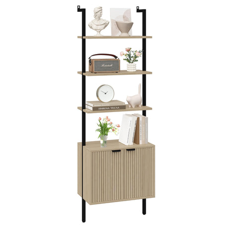 Yusong 73" Tall Bookshelf with Cabinet, Industrial Ladder Wall Mount Shelf Bookcase with Wood and Metal Frame, Plant Shelf Wall Storage Display for Living Room Bedroom, Wavy Light Ivory Yusong