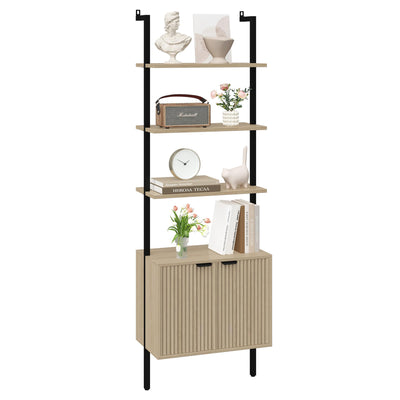 Yusong 73" Tall Bookshelf with Cabinet, Industrial Ladder Wall Mount Shelf Bookcase with Wood and Metal Frame, Plant Shelf Wall Storage Display for Living Room Bedroom, Wavy Light Ivory