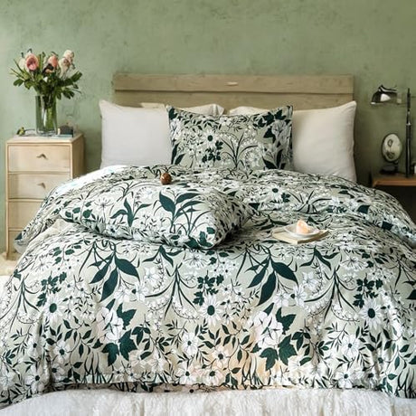 Helthep Floral Duvet Cover Queen, 100% Cotton Green Floral Printed Duvet Cover Pattern Comforter Cover Queen, 3PCS Green Botanical Vintage Flower Quilt Cover for Queen Size Bed(No Comforter) Helthep