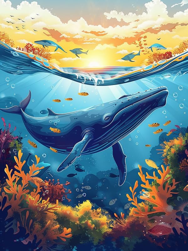 Zariocy 5D Diamond Art Kits for Adults Whale, DIY Diamond Painting Art Ocean Round Full Drill Crystal Diamond Embroidery Paintings Arts Craft for Home Office Wall Decor 12x16 inch Zariocy