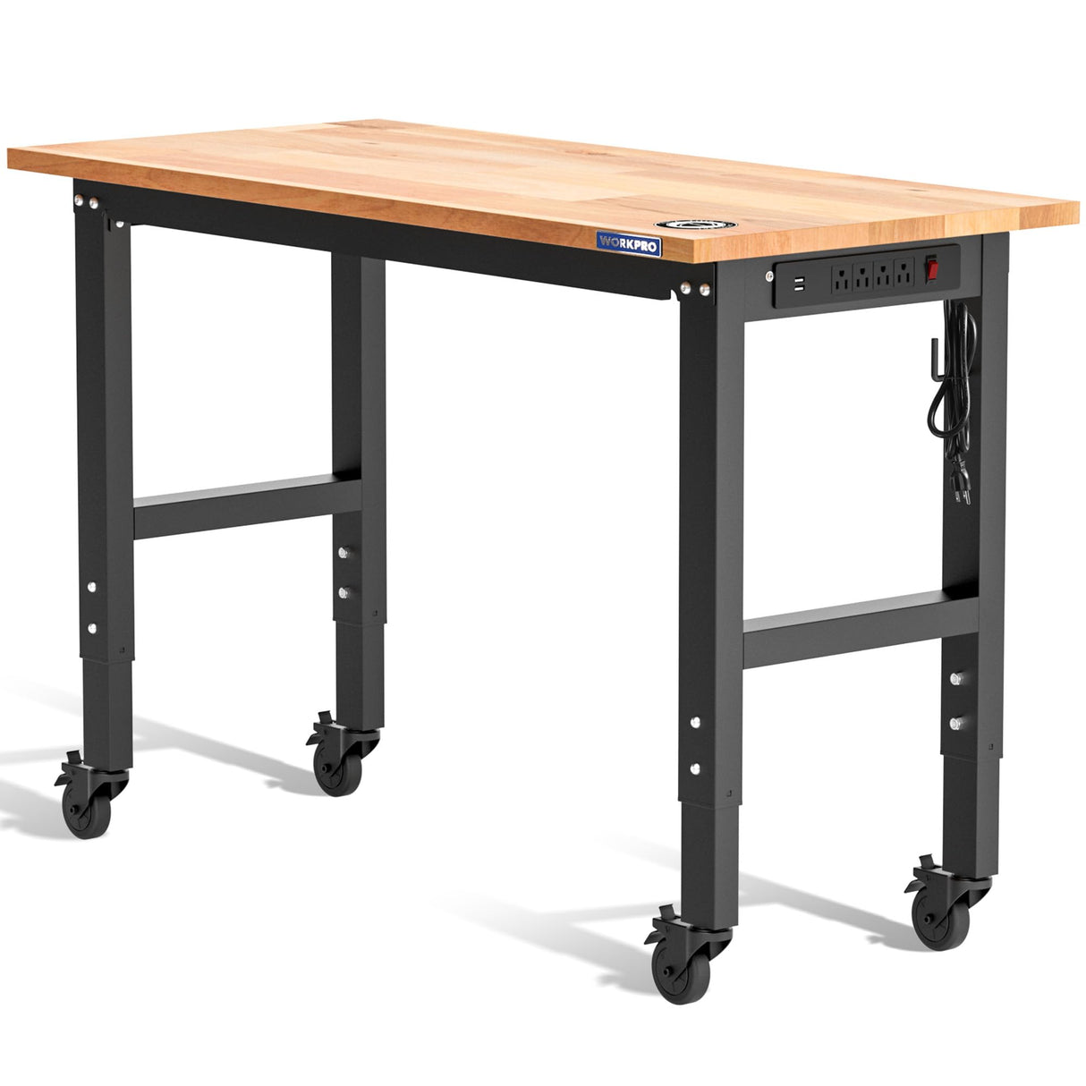 WORKPRO Garage Workbench, 48"X22" Adjustable Workbench with Wheels, Rubber Wood Top Heavy-Duty Workstation with Power Outlets, 1000 LBS Stationary Load Capacity, for Workshop, Garage, Office, Home WORKPRO