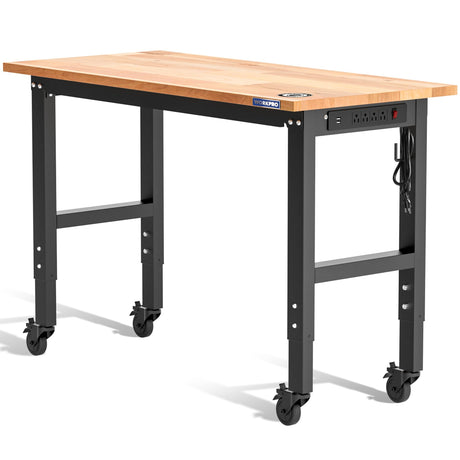 WORKPRO Garage Workbench, 48"X22" Adjustable Workbench with Wheels, Rubber Wood Top Heavy-Duty Workstation with Power Outlets, 1000 LBS Stationary Load Capacity, for Workshop, Garage, Office, Home WORKPRO