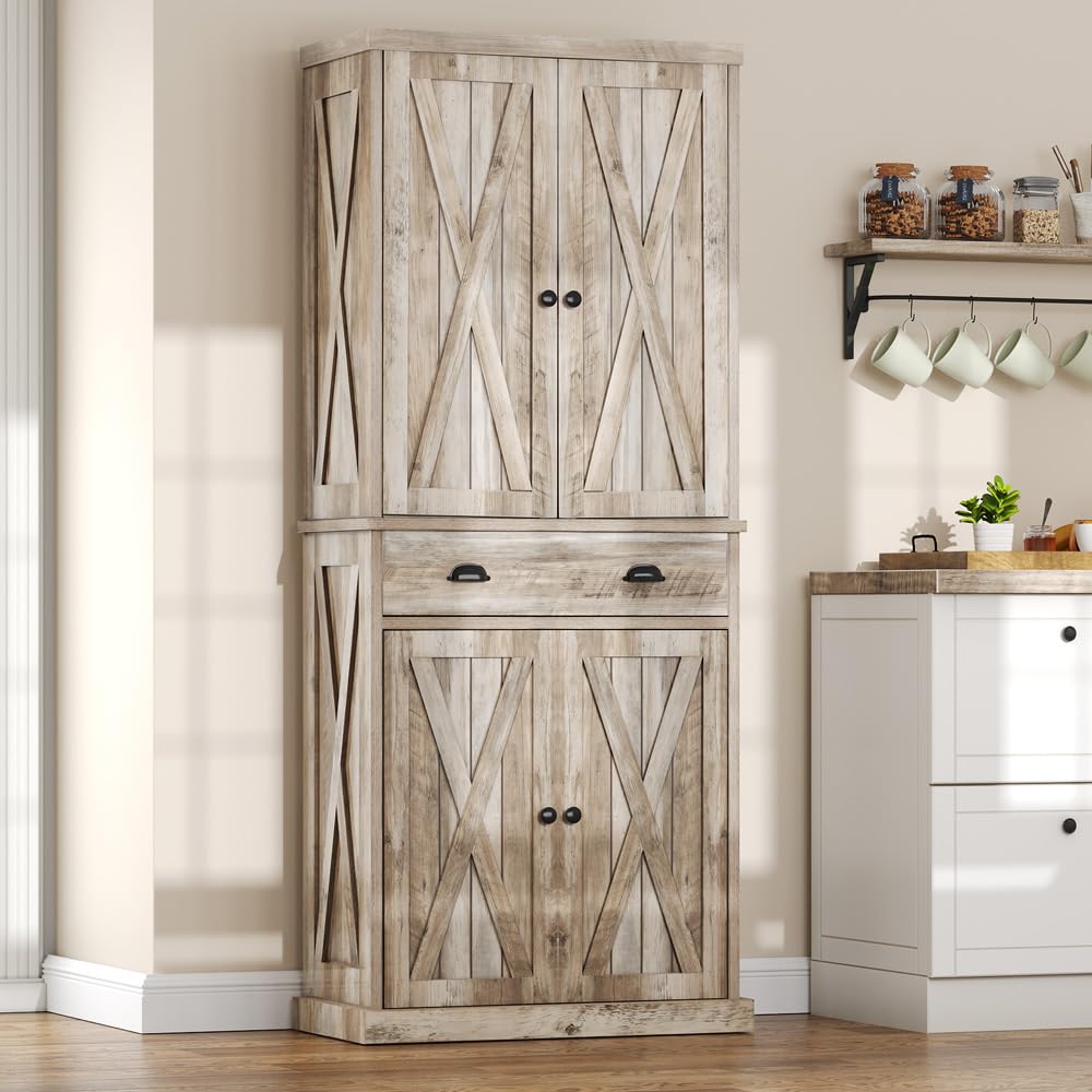 DWVO Kitchen Pantry with Doors, 72'' Tall Farmhouse Wood Kitchen Storage Cabinets with Adjustable Shelves & Drawer, Freestanding Cupboard for for Kitchen, Dining Room, Living Room, Light Rustic Oak DWVO