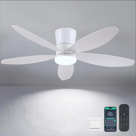 Surtime 48" Ceiling Fans with Lights-Low Profile Ceiling Fan with Light and Remote/APP Control,Flush Mount,DC Reversible,LED Dimmable Modern Ceiling Fans for Bedroom,Indoor/Outdoor Patio Use(White) Surtime