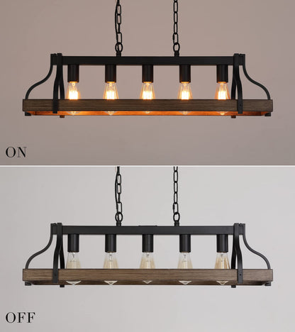 MEIXISUE Rustic Kitchen Island Dining Room Light Fixture Farmhouse Linear Chandelier Black and Retro Wood Finish 5-Light Industrial Metal Hanging Pendant Light UL Listed L33.5 W10.6