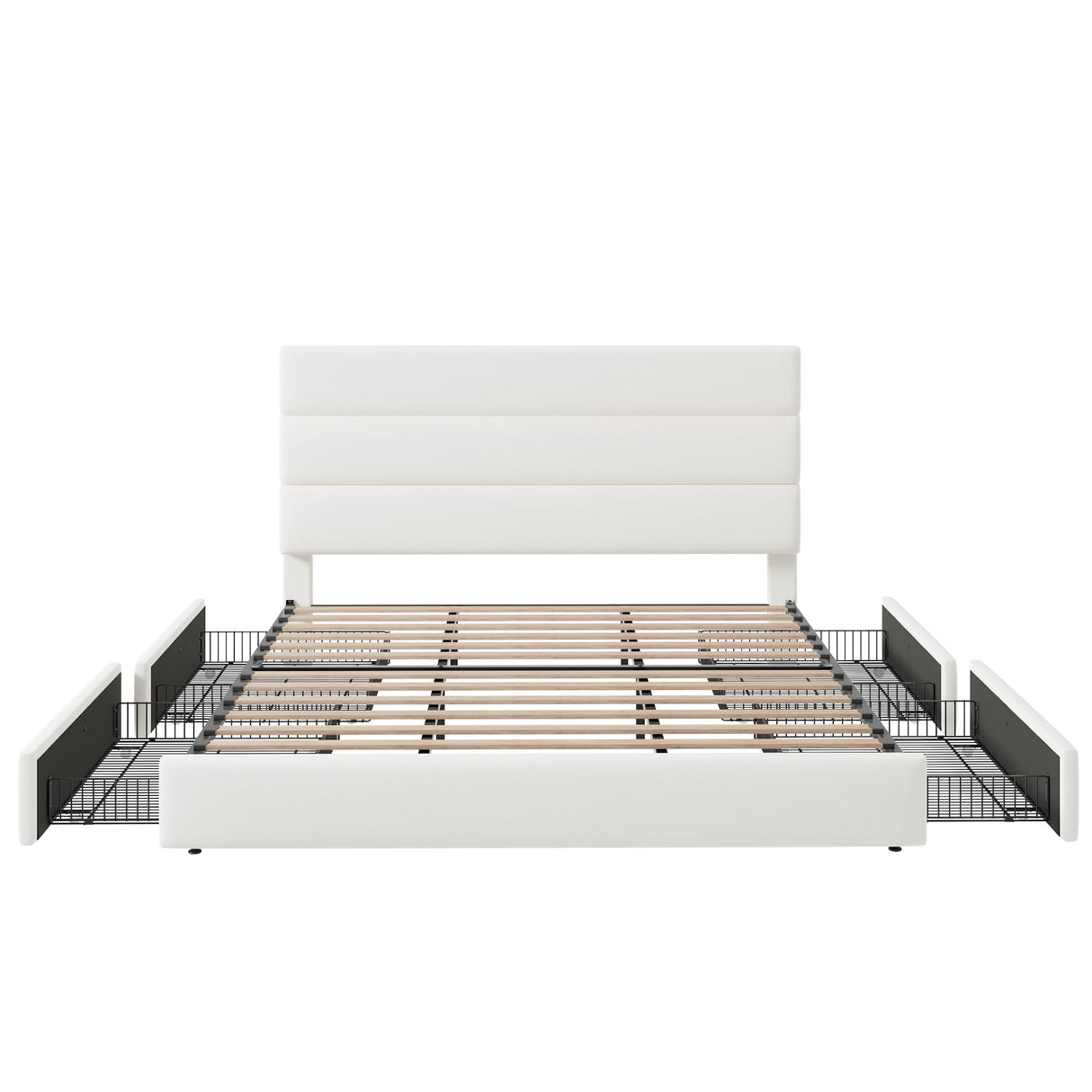 Allewie Modern King Size Platform Bed Frame with 4 Storage Drawers and Velvet Upholstered Headboard, Wooden Slats Support, Upholstered Mattress Foundation/No Box Spring Needed/Easy Assembly, White Allewie
