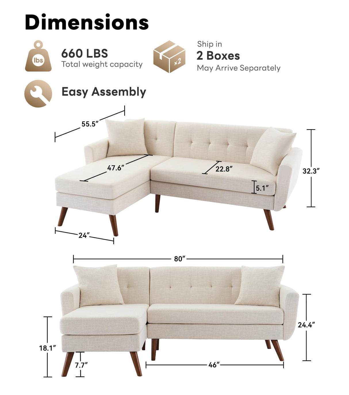 Tbfit L Shaped Couch Sofa, 80" W Mid-Century Modern Sectional Couches, 3 Seater Sofas with Wide Chaise Lounge & Two Pillows,Button Tufted Upholstered Sectional Sofa for Living Room, Bedroom, Beige Tbfit