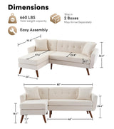 Tbfit L Shaped Couch Sofa, 80" W Mid-Century Modern Sectional Couches, 3 Seater Sofas with Wide Chaise Lounge & Two Pillows,Button Tufted Upholstered Sectional Sofa for Living Room, Bedroom, Beige Tbfit