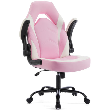Sweetcrispy Computer Gaming Desk Chair - Pink Ergonomic Office Executive Adjustable Swivel Task PU Leather Racing Chair with Flip-up Armrest for Adults, Kids, Men, Girls, Gamer, White Pink Sweetcrispy