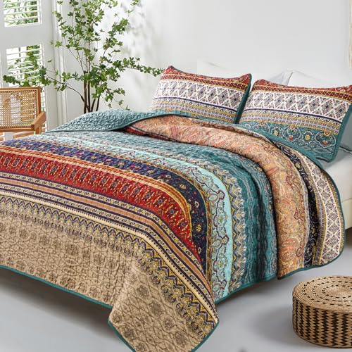 WONGS BEDDING Boho King Quilt Set, Green and Brown Bohemian King Quilt Bedding Set, Lightweight Microfiber Bed Decor Bedspread for All Season 103"x90"(3 Pieces) WONGS BEDDING