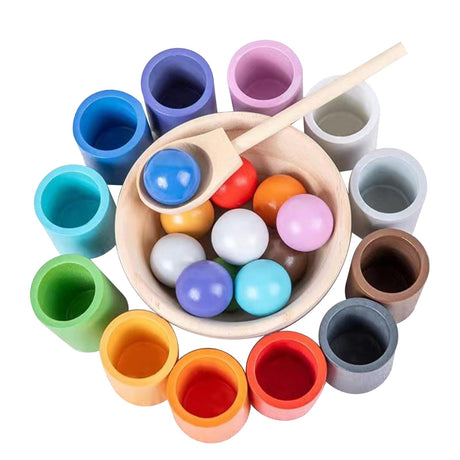 WOODENFUN Rainbow Balls in Cups Toddler Montessori Toys for 3 Year Old Up, Kids Preschool Wooden Matching Games for Learning Color Sorting and Counting WOODENFUN