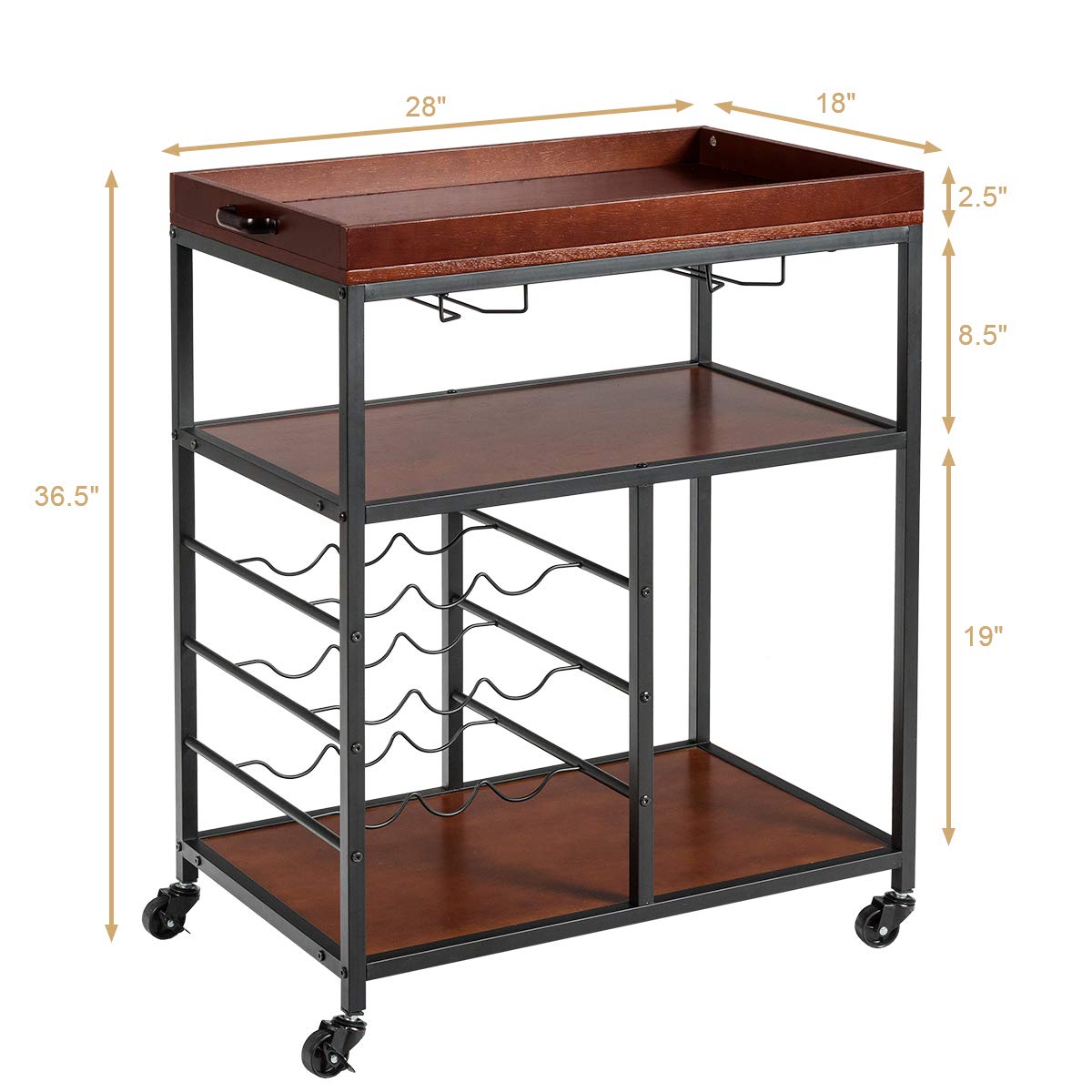 Giantex 3-Tier Kitchen Island Cart Rolling Trolley Industrial Style Serving Cart Utility Cart Wood Kitchen Stand with Glasses Holder and 9 Wine Bottles Rack Metal Frame and Castors (Rustic Brown) Giantex