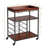 Giantex 3-Tier Kitchen Island Cart Rolling Trolley Industrial Style Serving Cart Utility Cart Wood Kitchen Stand with Glasses Holder and 9 Wine Bottles Rack Metal Frame and Castors (Rustic Brown) Giantex
