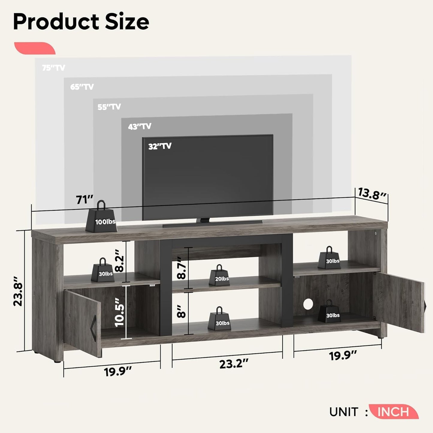 Bestier TV Stand with LED Light for TVs up to 80 Inch, Farmhouse Entertainment Center with Adujstable Shelf and Storage Cabinets, Wood TV Console Table for Living Room Bedroom - Wash Grey