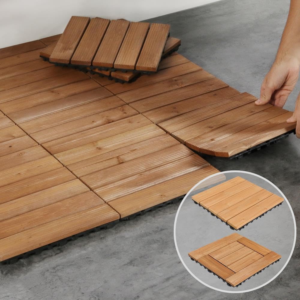 Yaheetech 110pcs Patio Deck Tiles 12 x 12in Interlocking Wood Composite Decking Floor Tiles Fir Wood Indoor Outdoor Patio Garden Deck, Natural Wood - WoodArtSupply