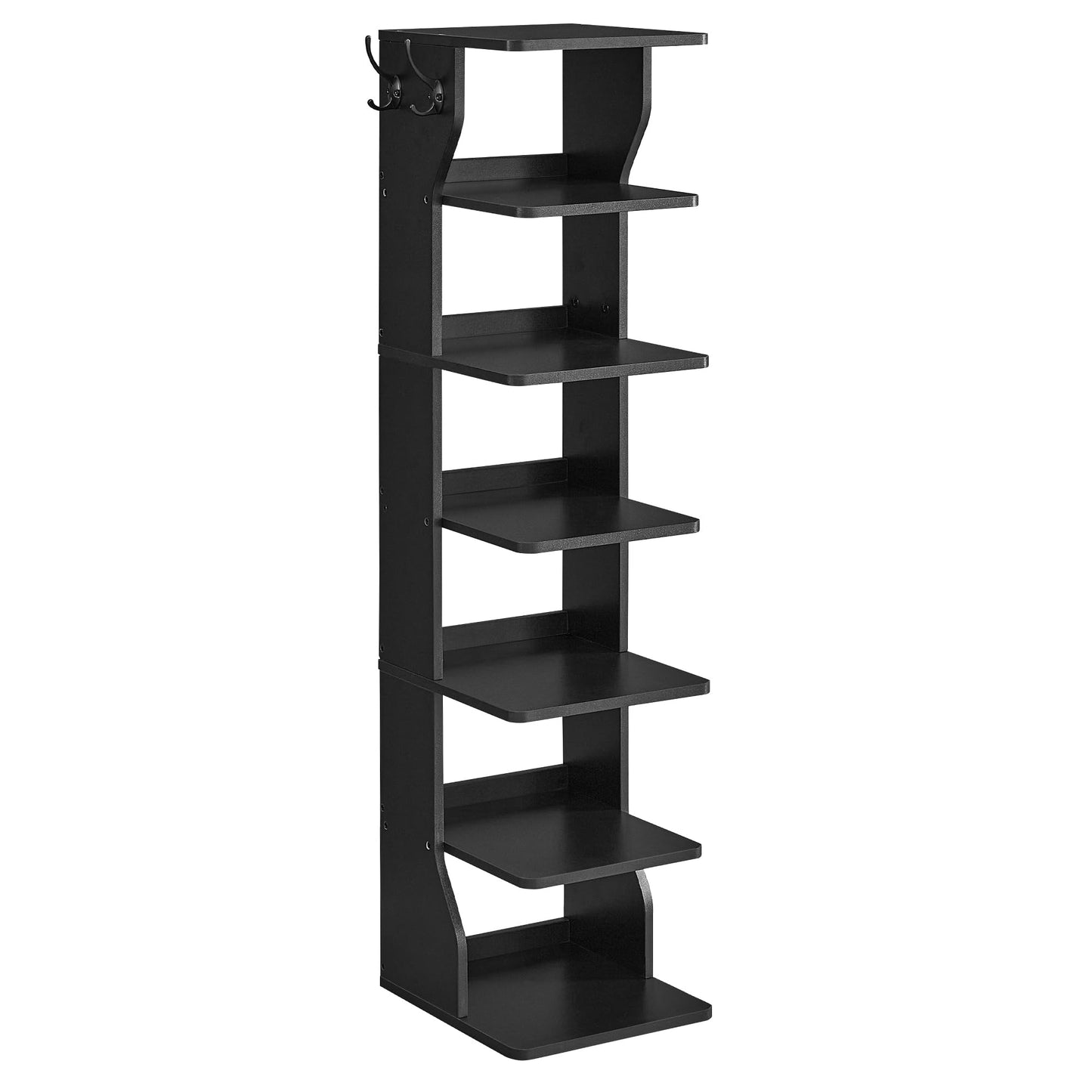 VASAGLE 7-Tier Vertical Shoe Rack, Narrow Shoe Storage Organizer with Hooks, Slim Corner Shoe Tower Rack, Space Saving for Entryway and Bedroom, Black ULBS200T16