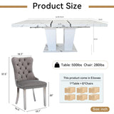 KUVADAZ 63"-78.74" White Faux Marble Extendable Dining Room Table Set for 8, 9-Piece Dining Table Set with 8 Chairs, Rectangle Wooden Expanding Kitchen Table and Grey Upholstered Chairs Set KUVADAZ