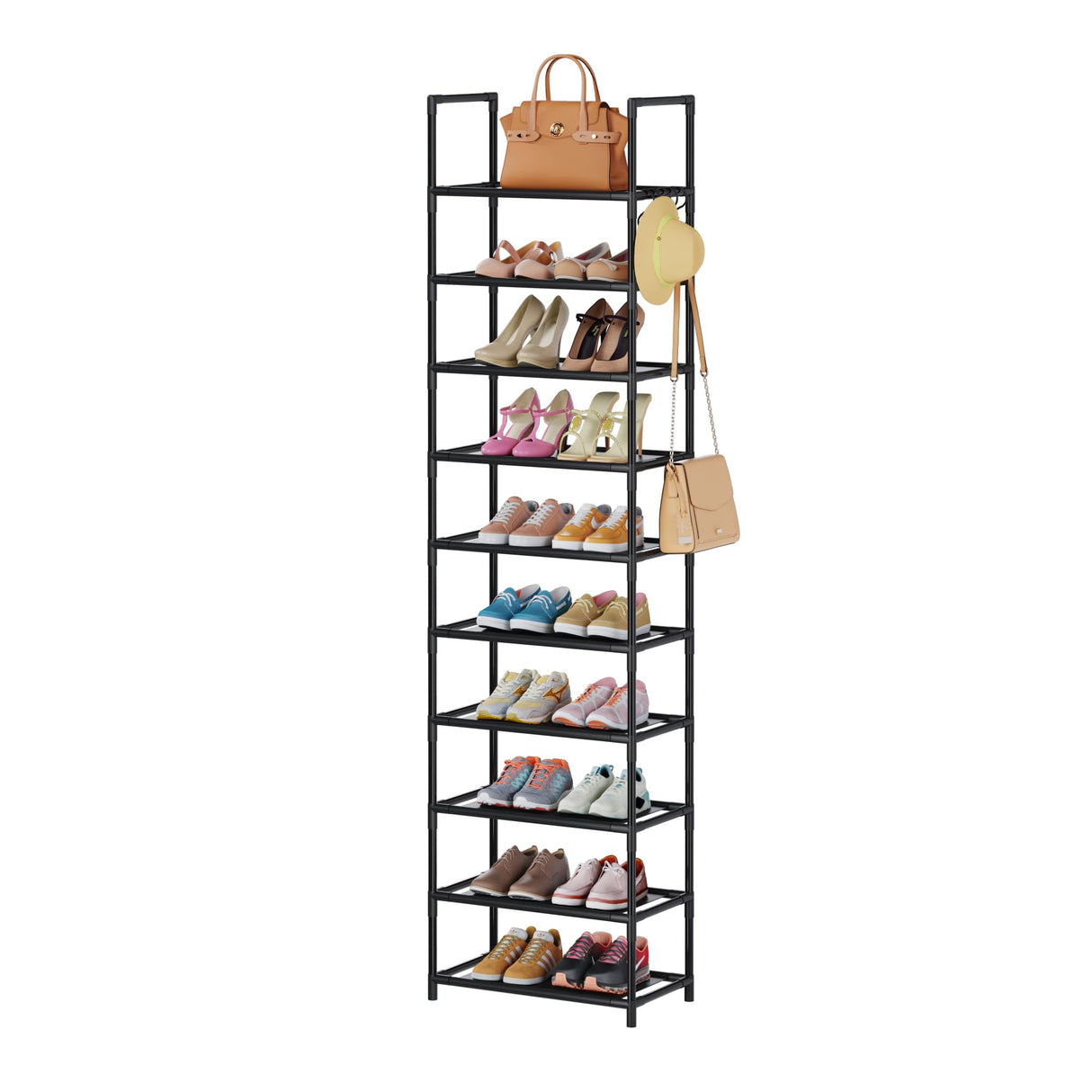 WOKKOW Narrow Tall Shoe Rack Organizer for Closet Entryway 10 Tier Vertical Shoe Storage Shelf Holds 20-25 Pairs with Hooks WOKKOW